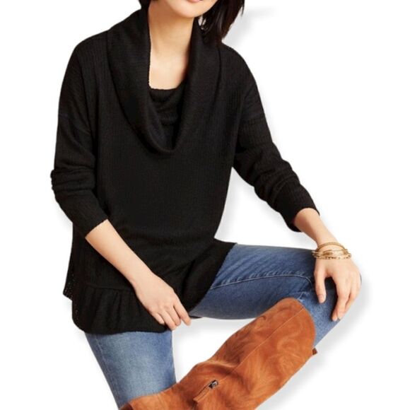 ANTHROPOLOGIE Mauve Black Peplum Ruffle Addie Black Long Sleeve Sweater SZ XS - Picture 3 of 12